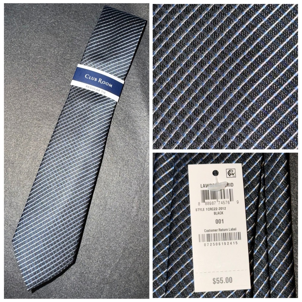 Club Room Mens Lawrence Grid Regular Tie Black Blue Silver 1CRC22-2012 NWT